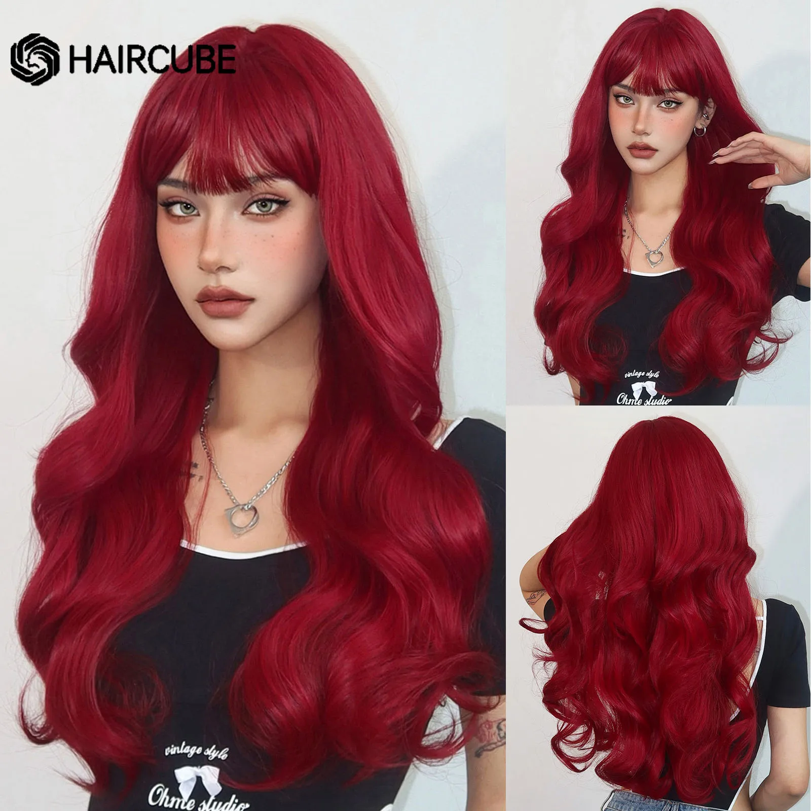 Top Trends: Long Red Synthetic Hair Wigs Natural Wavy High Temperature Fiber Wigs For Black Women Christmas Party Daily Wigs With Bangs Shoppable Styles