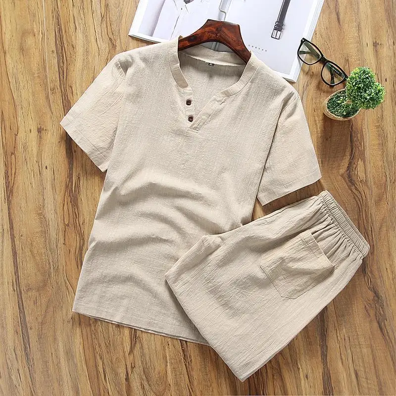 Top Trends: Two Piece Set Men Summer Vintage Simple Casual V Neck Short Sleeve Cotton Linen T Shirt Vacation Solid Loose Beach Shorts Ropa Shoppable Styles