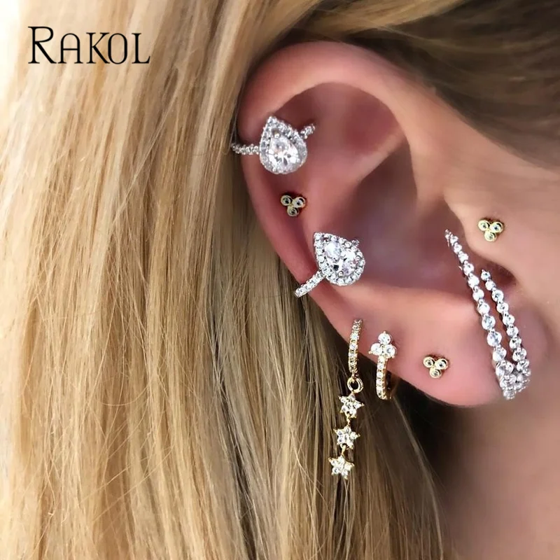 Top Trends: RAKOL 1 Piece Teardrop Cubic Zirconia No Piercing Ear Cuff Clip On Earrings For Women Fashion White Gold Color CZ Jewelry Gifts Shoppable Styles