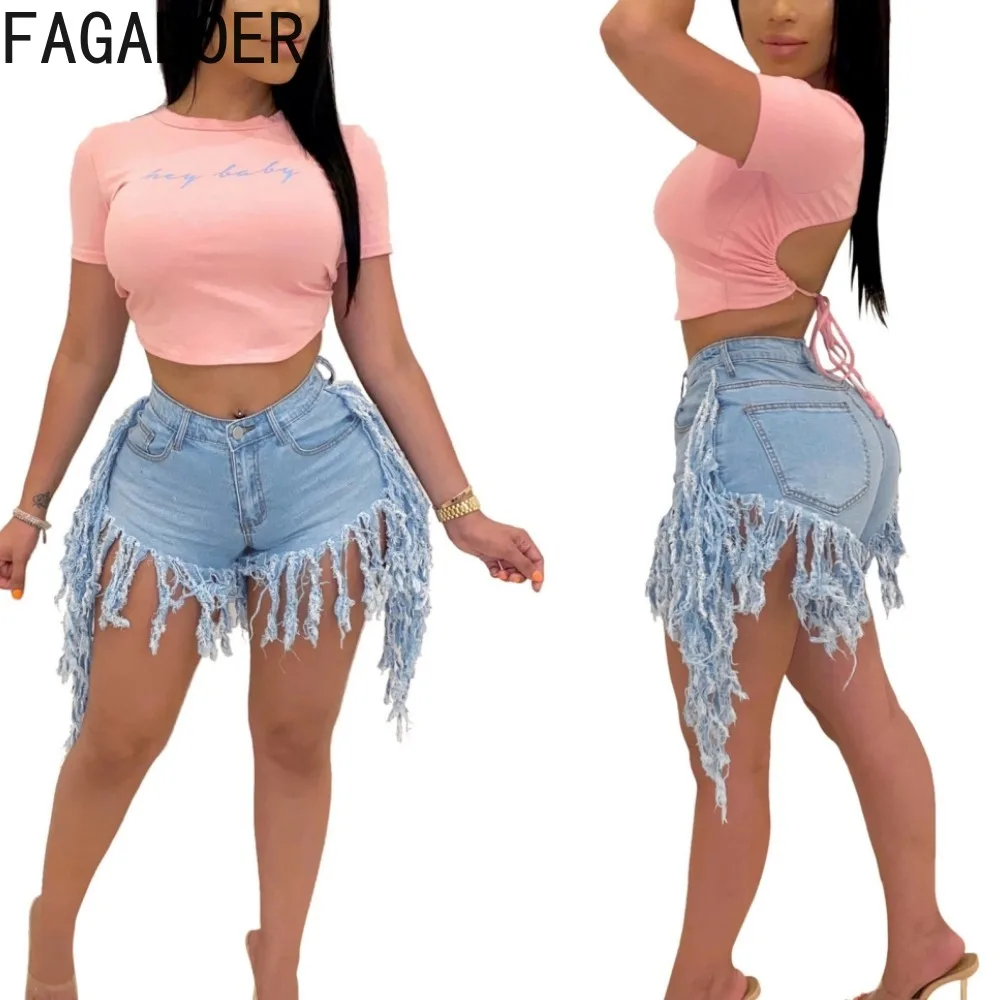 Top Trends: FAGADOER Casual Tassel Denim Shorts Sexy High Waisted Ripped Stretchy Jeans Shorts 2023 New Fashion Y2k Streetwear Short Pants Shoppable Styles