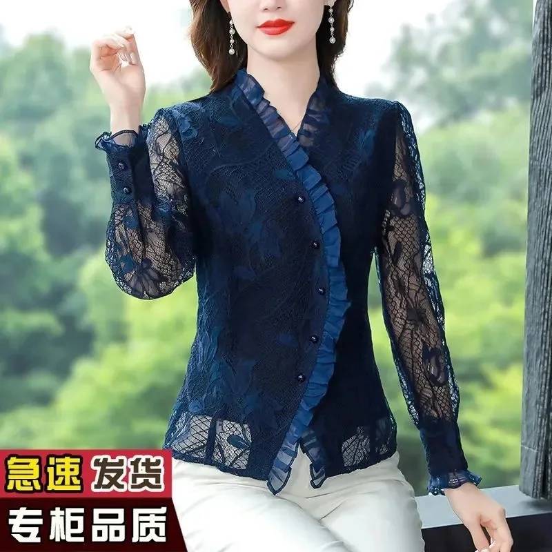 Top Trends: Design Shirt 2023 Spring Autumn New Lace Shirt Tops Women's V-Neck Long-Sleeved Foreign Temperament Red Shirt Is Thin Blousers Shoppable Styles