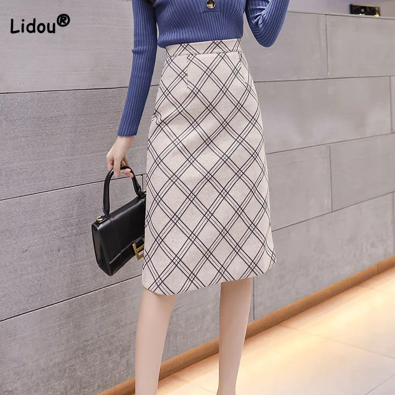 Top Trends: Autumn Winter Fashion Commute Plaid Slim Bag Hip Skirt Women&#039;s Clothing Temperament All-match Lady Zipper High Waist Midi Skirts Shoppable Styles