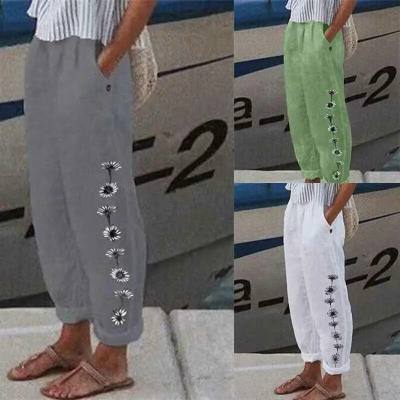 Top Trends: Fashion Casual Wide Leg Pants Ladies Cotton Linen Elastic Waist Pants Summer Loose Floral Harem Pants Female Casual Trouser Shoppable Styles