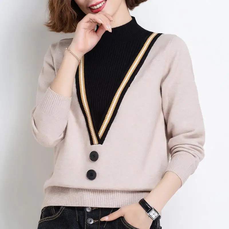 Top Trends: Elegant Half High Collar Button Spliced Fake Two Pieces Sweaters Women's Clothing 2022 Autumn New Casual Pullovers Korean Tops Shoppable Styles