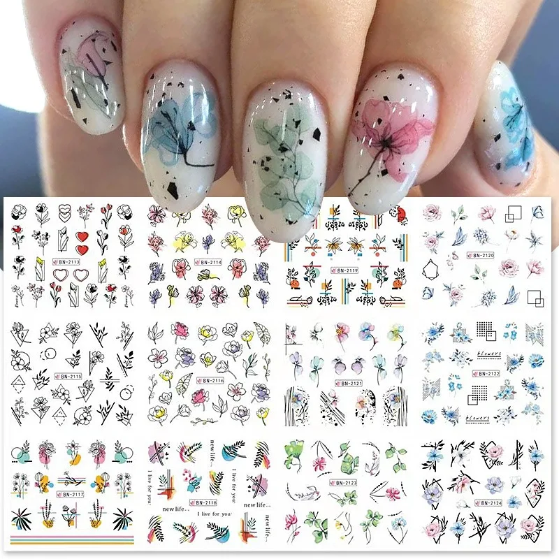 Top Trends: 12pcs Nail Stickers 3D Water Nail Decal And Sticker Set Simple Summer DIY Slider For Nail Art Watermark Beauty Accessories Parts Shoppable Styles