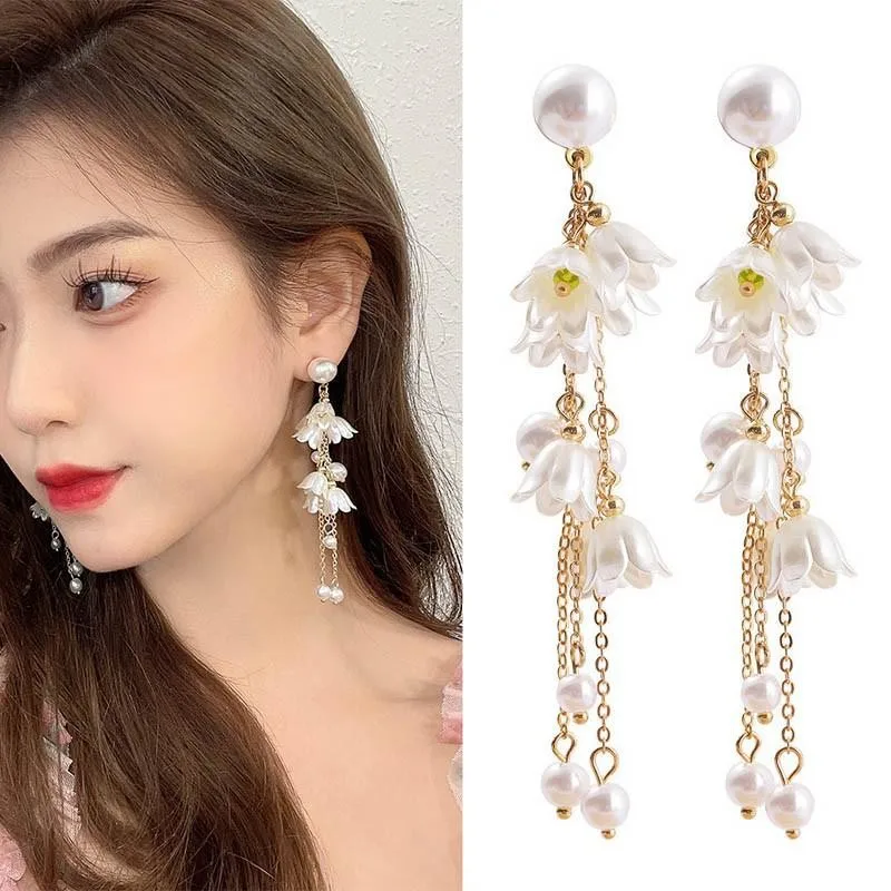 Top Trends: Korean Fashion Sweet Pearl Flower Drop Earrings For Women Jewelry 2023 Trending Elegant Women's Long Flowers Tassel Earrings Shoppable Styles