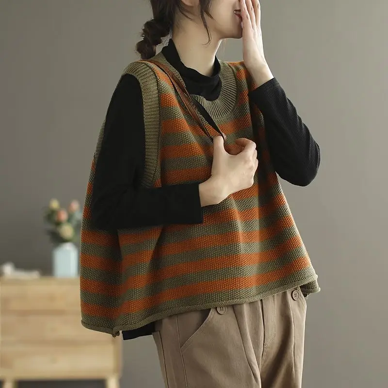 Top Trends: Vintage Striped Spliced Sweater Vest Spring Autumn Korean Loose Women's Clothing Casual Round Neck Sleeveless Knitted Jumpers Shoppable Styles