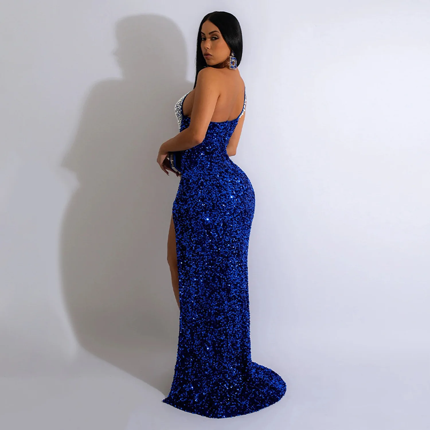 Top Trends: Clothing 2023 Summer Women Diamonds Hot Rhinestone Sequined Skew Neck High Side Slit Bodycon Midi Party Evening Maxi Long Dress Shoppable Styles - Image 4