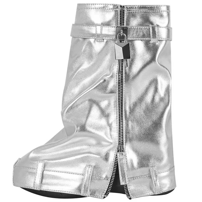 Top Trends: 2023 Women Mid-Calf Silvery Boots For Woman Round Toe Lock Catch Side Zipper Platform Botas Mujer Thick Bottom High Heesl Shoes Shoppable Styles