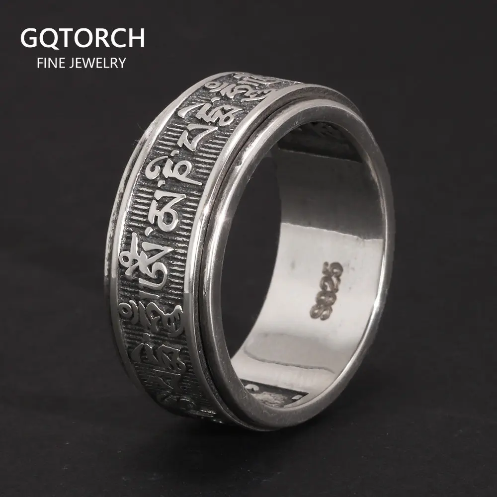 Top Trends: Real 925 Sterling Silver Vintage Rings For Men Rotatable Tibetan Six Words Mantra Rings Om Mani Padme Hum Buddhist Jewelry Shoppable Styles