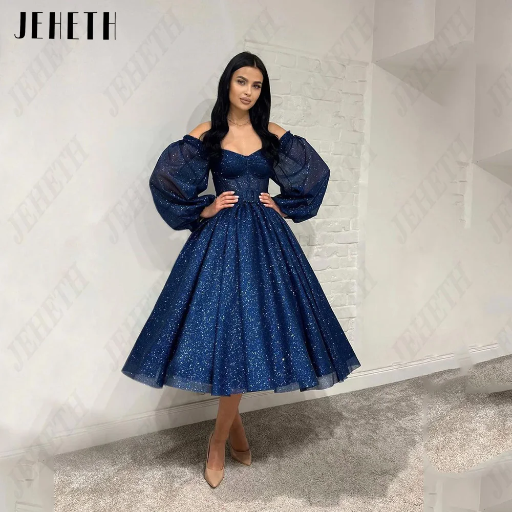 Top Trends: JEHETH Navy Blue Sparkly Prom Gowns V-Neck Puff Sleeves Modern Evening Dresses Glitter Tulle A-Line فساتين سهره فاخره 2023 Shoppable Styles