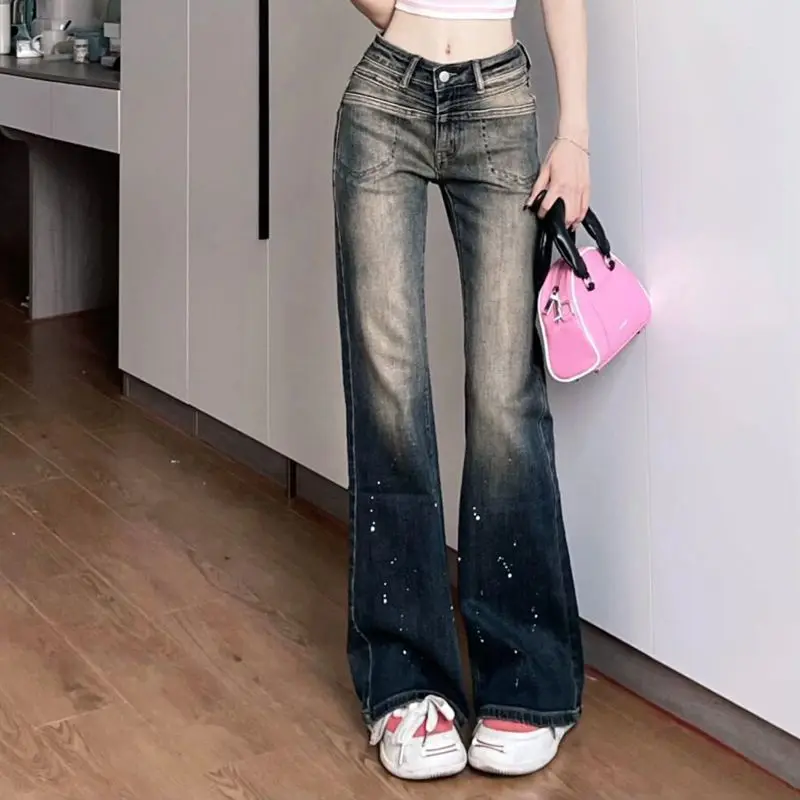 Top Trends: Original Design Spicy Girl Style Low-Waisted Jeans Women's Contrast Washable Old Zip Pocket Button Autumn Slim Micro Flare Pants Shoppable Styles