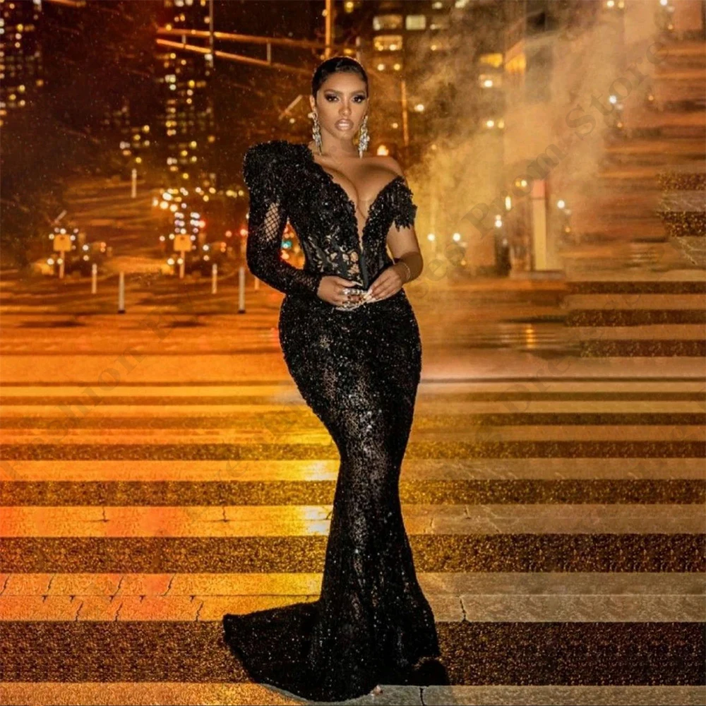 Top Trends: Luxury Black Women's Evening Dresses Mermaid Lace Applique One Shoulder Sleeve Princess Prom Gowns Fashion Celebrity Party Arab Shoppable Styles