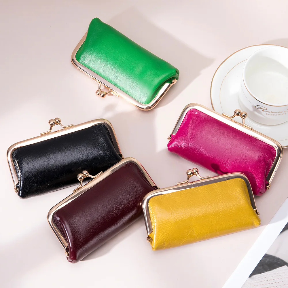 Top Trends: Women Brand Design Coin Purse Fashion Shiny Oil Wax Leather Wallets Retro Metal Clip Coin Bags For Women 2023 New Lipstick Bag Shoppable Styles