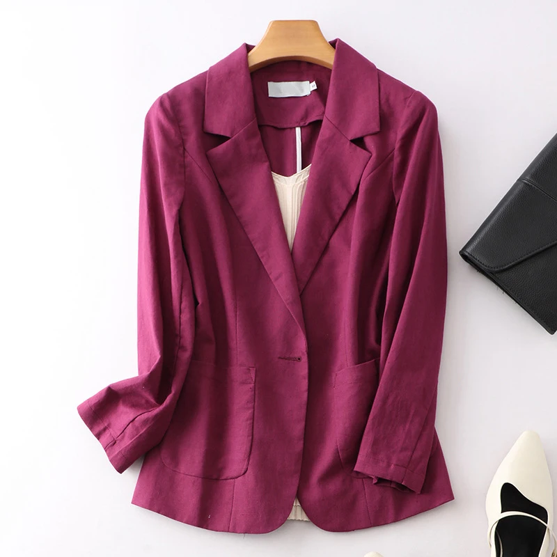 Top Trends: Cotton Linen Blazer Jacket Women Summer Outwear High Quality Solid Single Button Notched Blazer Suits Women's Long Sleeve Top Shoppable Styles