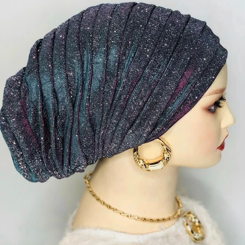 Top Trends: Glitter Full Body Pleated Turban Cap For Women 2023 Lady Head Wraps Muslim Headscarf Hat Turbante Mujer African Headpiece Shoppable Styles