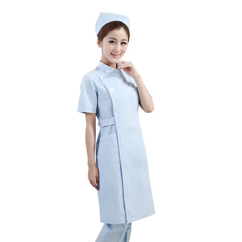 Top Trends: Womens Nurse Uniform Dresses Mandarin Collar Short Sleeve Slanting Button Front Medical Hospital Nurse Scrub Lab Coat Dress Shoppable Styles