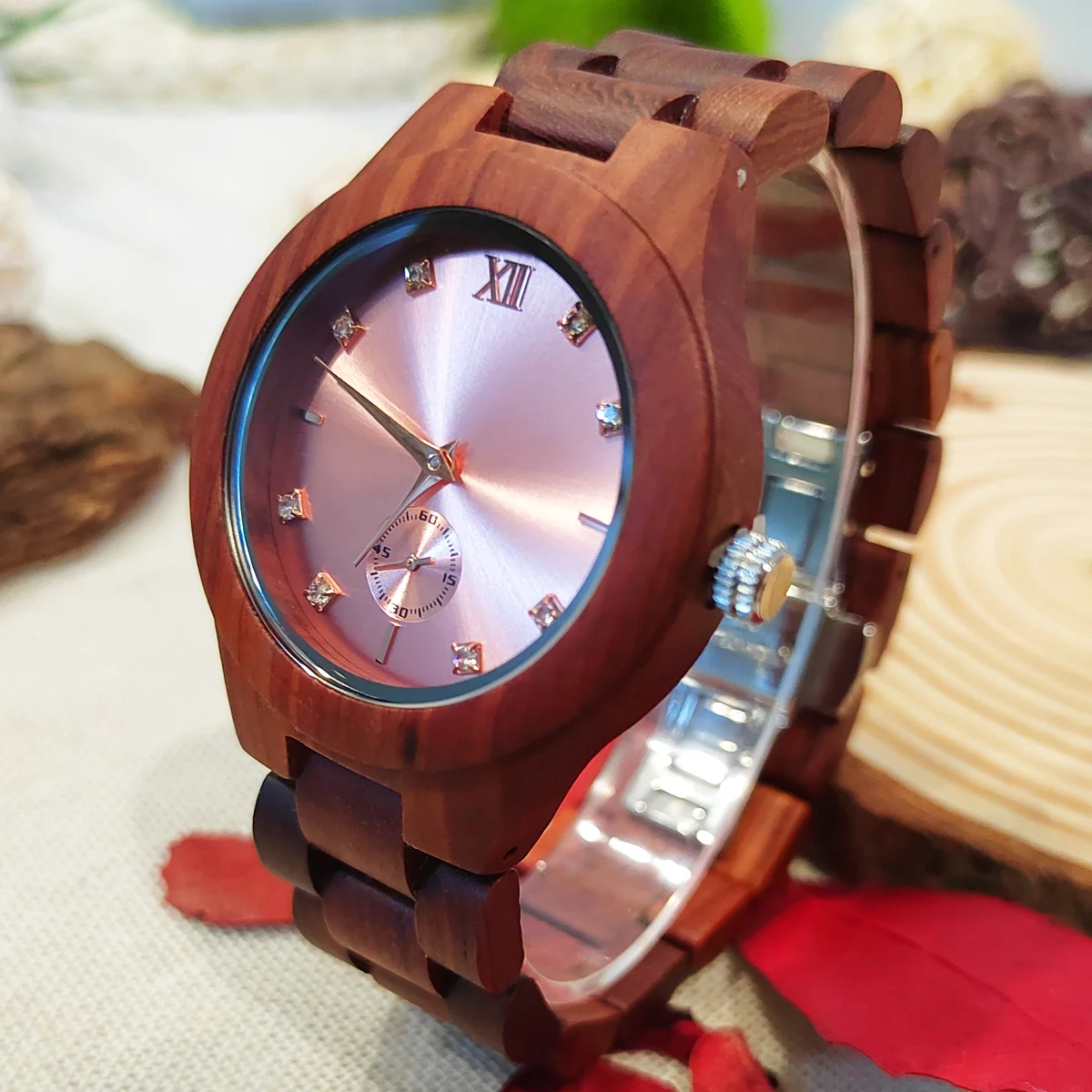 Top Trends: Women's Wood Wrist Watch Fashion Simulated Diamond Dial Wife Stylish Simplicity Red Sandalwood Quartz Wooden Watches For Ladies Shoppable Styles