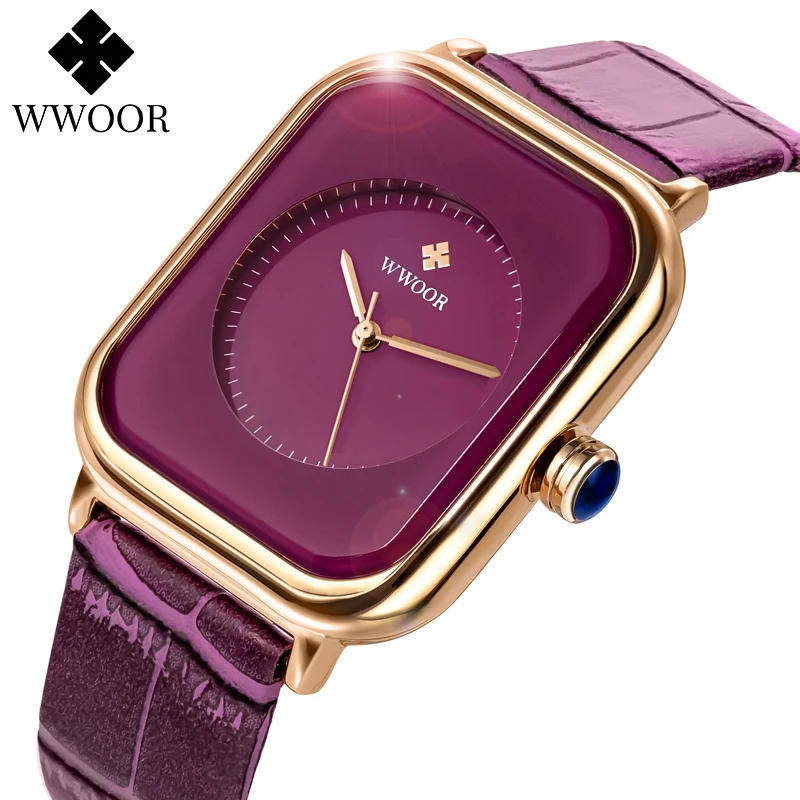 Top Trends: WWOOR Fashion Watch Women Square Quartz Watch Ladies Dress Casual Wrist Watches Purple Leather Waterproof Clock Box Montre Femme Shoppable Styles