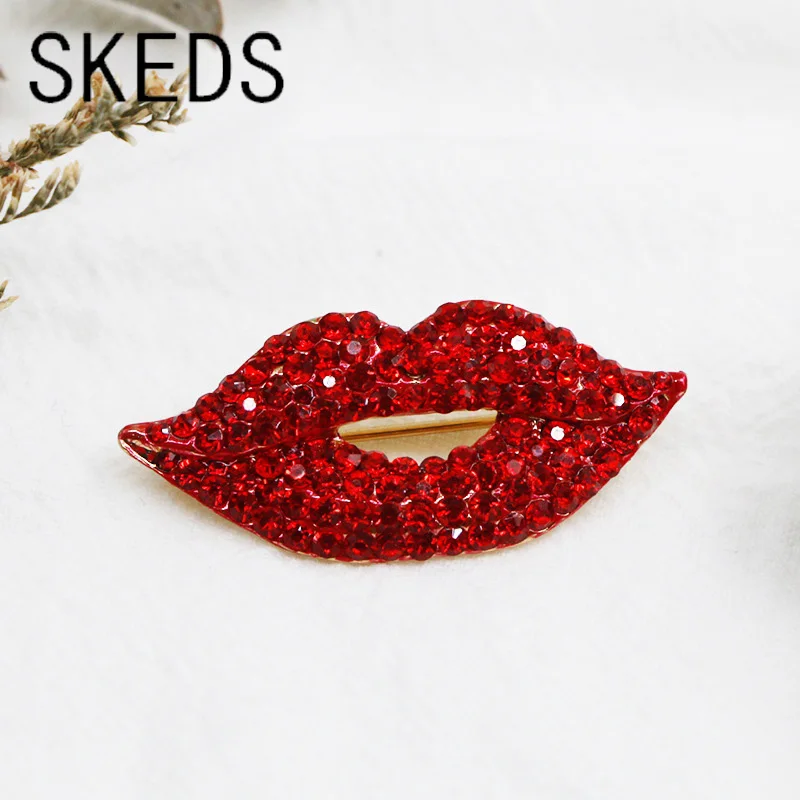 Top Trends: Fashion Women Red Lips Full Rhinestone Luxury Brooches Pins Creative Sexy Crystal Shining Party Wedding Jewelry Accessories Gift Shoppable Styles