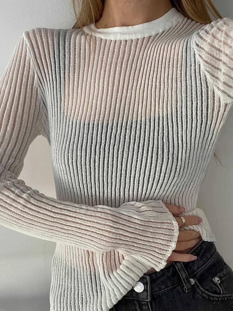 Top Trends: Tossy Ribbed See-Through Knit Pullover Female Hollow Out Slim Solid Long Sleeve Top Sheer Casual Knitwear Ladies Pullover Summer Shoppable Styles