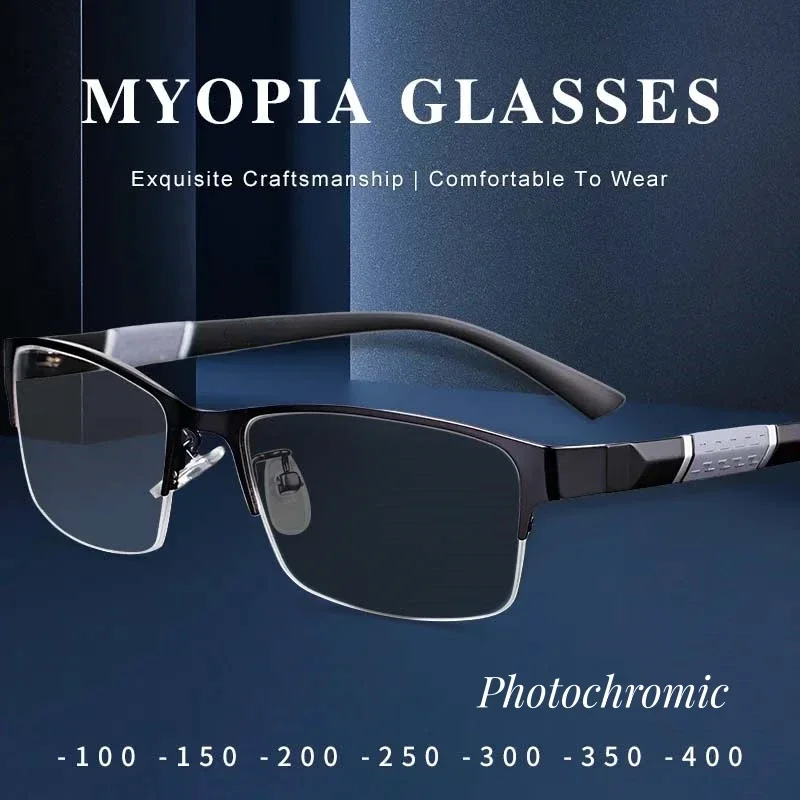 Top Trends: Men&#039;s Photochromic Myopia Glasses Square Smart Short Sighted Finished Eyewear Unisex Metal Business Half Frame Eyeglasses Shoppable Styles