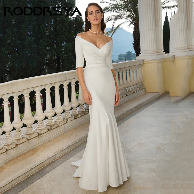 Top Trends: RODDRSYA Simple Satin Half-Sleeve Mermaid Wedding Dress Elegant V-Neck Off The Shoulder Trouwjurk Retro Zipper Back Bride Party Shoppable Styles