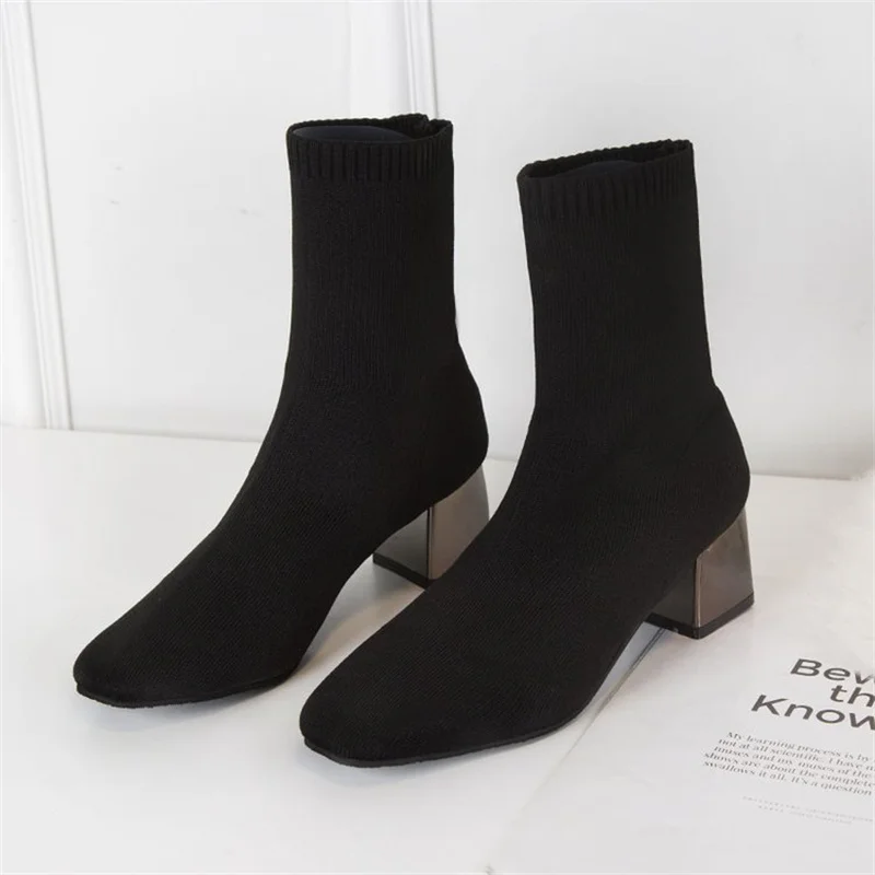 Top Trends: Oversized Woolen Short Boots, Women&#039;s Pointed Thick Heels, Fashionable Solid Color Elastic Boots, Knitted Sock Boots Shoppable Styles