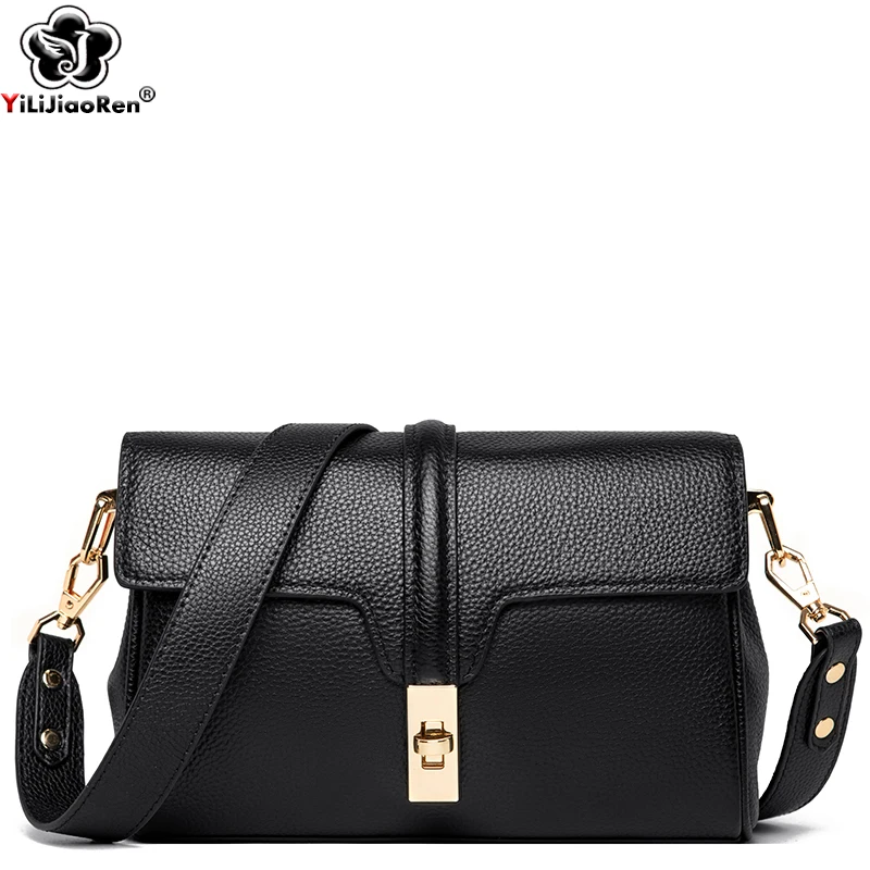 Top Trends: Genuine Leather Crossbody Bag Women Cowskin Shoulder Bags Designer Ladies Handbag Wide Shoulder Straps Messenger Bags Female Shoppable Styles