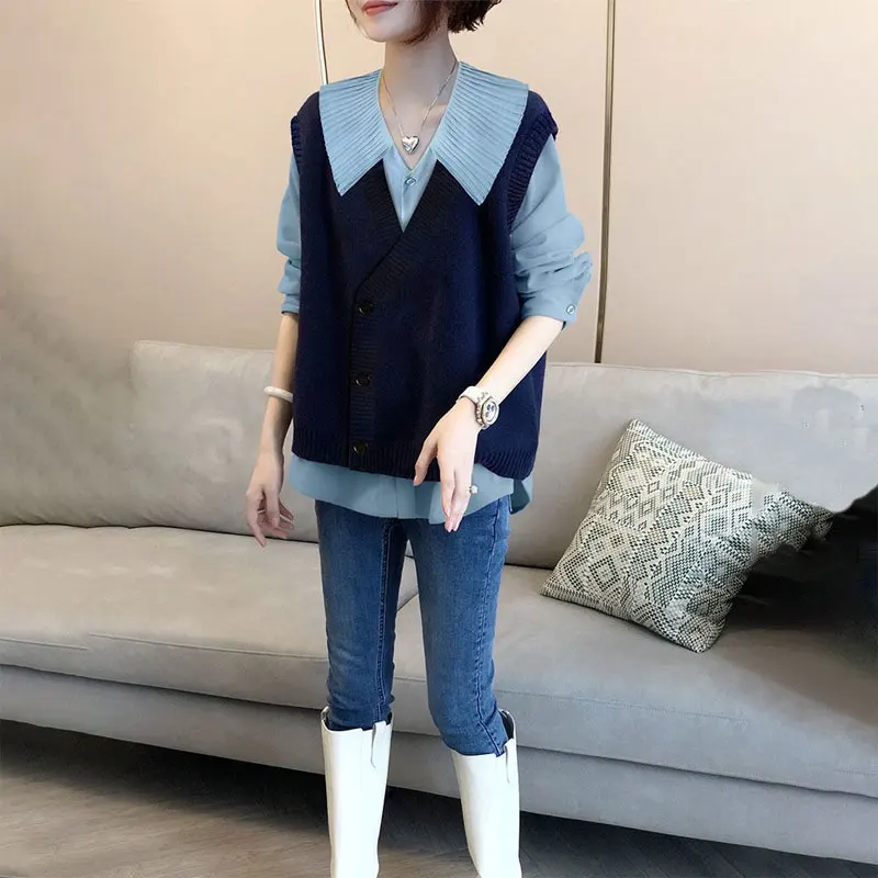 Top Trends: Stylish 2023 Turn-down Collar Casual Single-breasted Blouse Korean V-Neck Knitted Sweater Vest All-match Solid Color Loose Shirt Shoppable Styles