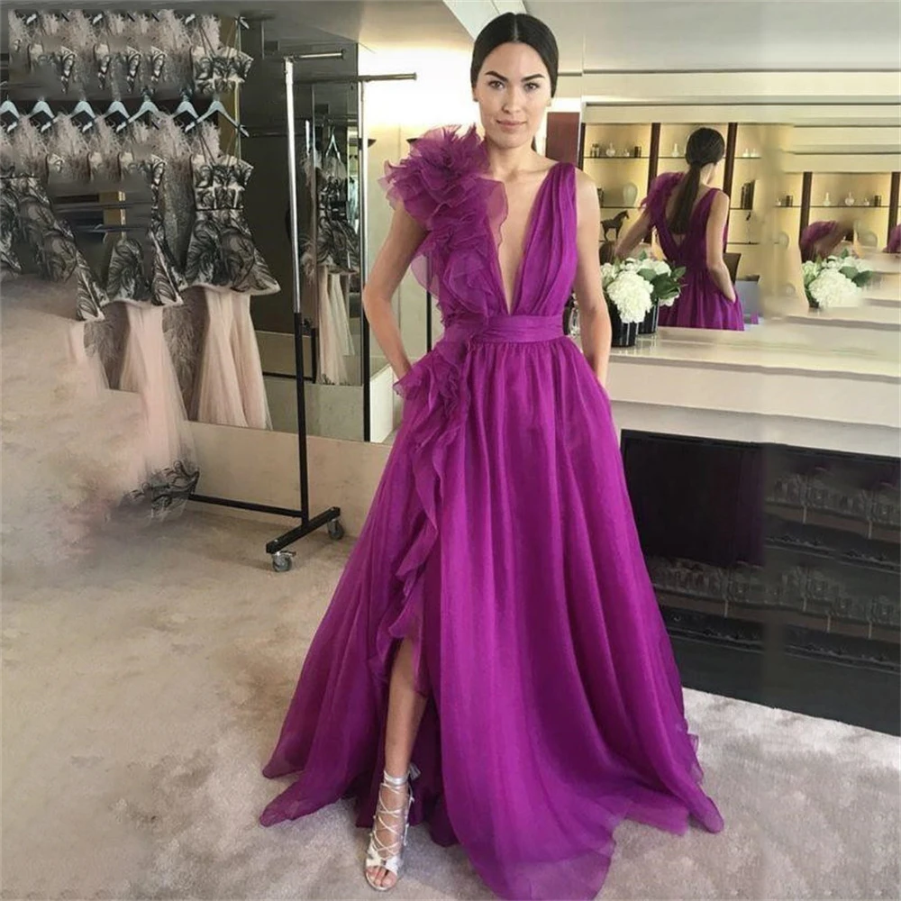 Top Trends: Simple Purple Prom Gown Tulle V Neck High Slit Women Prom Dress Evening Dresses Gowns High Split Vestidos Elegantes Para Mujer Shoppable Styles