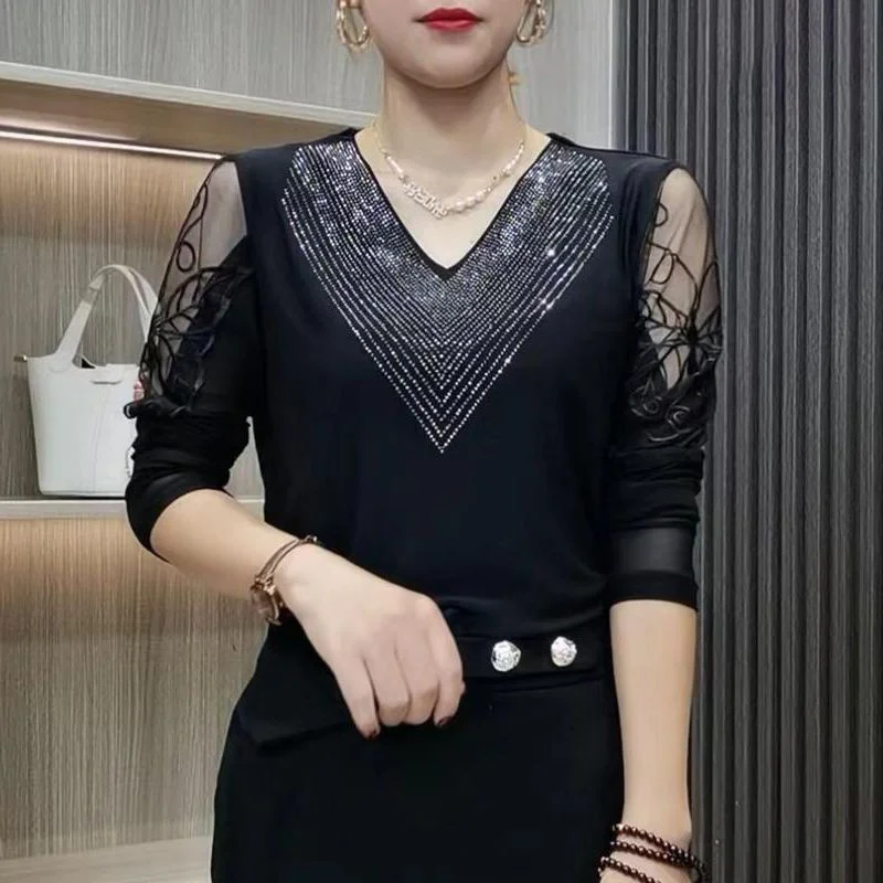 Top Trends: Fashion Women Diamonds Patchwork Lace Black T-Shirt Spring Summer Korean New Big Size Vintage Casual V-neck Long Sleeve Tops Shoppable Styles