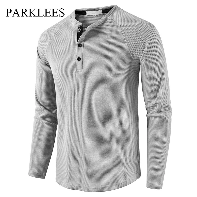 Top Trends: Parklees Grey Waffle Mens Henley Shirt Casual Solid Breathable High Quality Shirts Regular Fit Long Sleeve Basic Tops Tees Homme Shoppable Styles