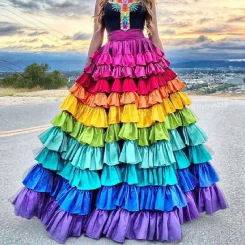 Top Trends: Rainbow Satin Skirt Woman Clothes Long High-waisted Skirts Death Day Costumes Long Skirts Women Clothing Colorful Satin Skirts Shoppable Styles