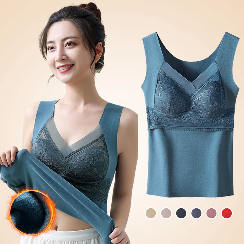 Top Trends: Women Winter Velvet Padded Vest Thermal Underwear Camisole Warm Sling Vest Tops 2-in-1 Built-in Bra Undershirt Intimate Shoppable Styles