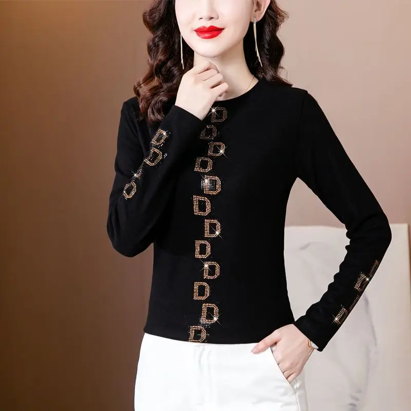 Top Trends: Office Lady Fashion Solid Color T-shirt All-match Letter Chic Diamonds Korean Standard Round Neck Basic Long Sleeve Pullovers Shoppable Styles - Image 4