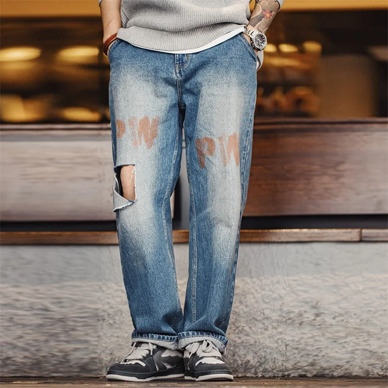 Top Trends: Maden Men's Vintage Casual Pants Ground White Distressed Jeans Washed Denim Loose Leg Pants Shoppable Styles