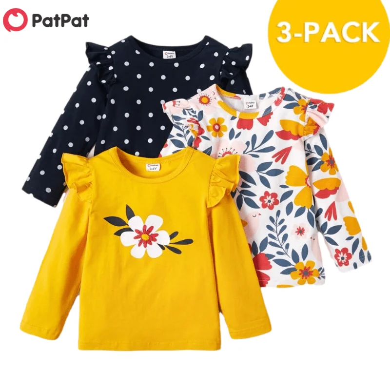 Top Trends: PatPat 3-pack Girls T-shirt 3 Pcs T-shirts Autumn And Spring Floral Dots Long-sleeve Top Tee Sets Children Clothing Shoppable Styles