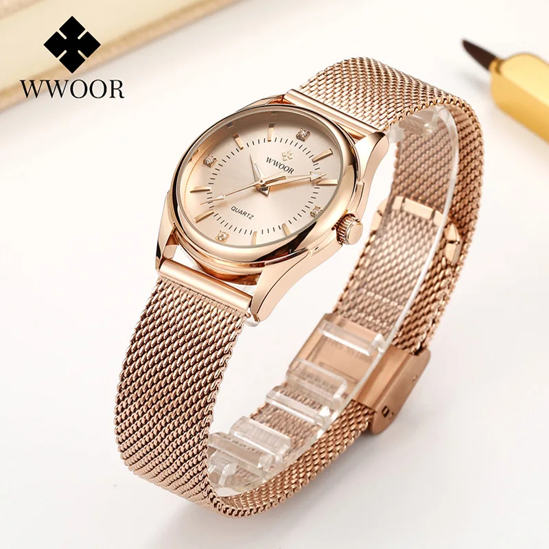 Top Trends: WWOOR 2023 Casual Women Dress Rose Gold Mesh Belt Fashion Diamonds Wristwatch Waterproof Simple Female Quartz Watch Reloj Mujer Shoppable Styles