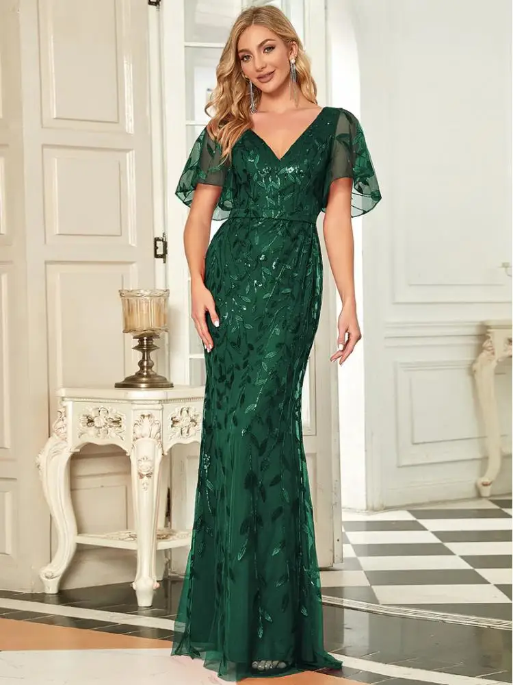 Top Trends: Luxury Evening Dresses Long V-neck Mermaid Short Sleeves Gown 2024 Of Exquisite Backless Bridesmaid Women Dress Shoppable Styles