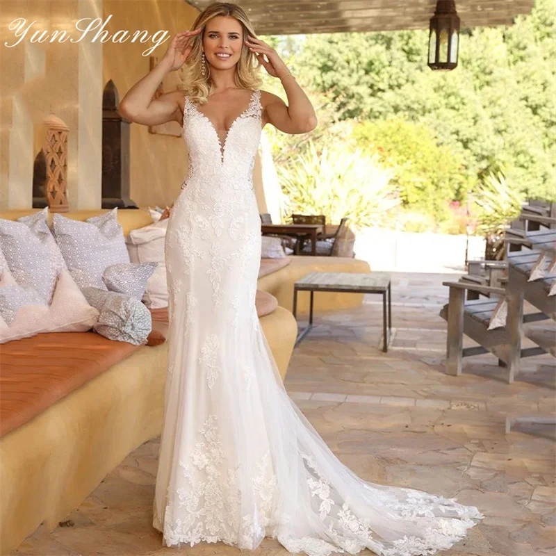 Top Trends: Yunshang Luxury Mermaid Wedding Dresses Women Lace V-Neck Open Back Spaghetti Straps Bridal Gowns Sweep Train Vestidos De Novia Shoppable Styles