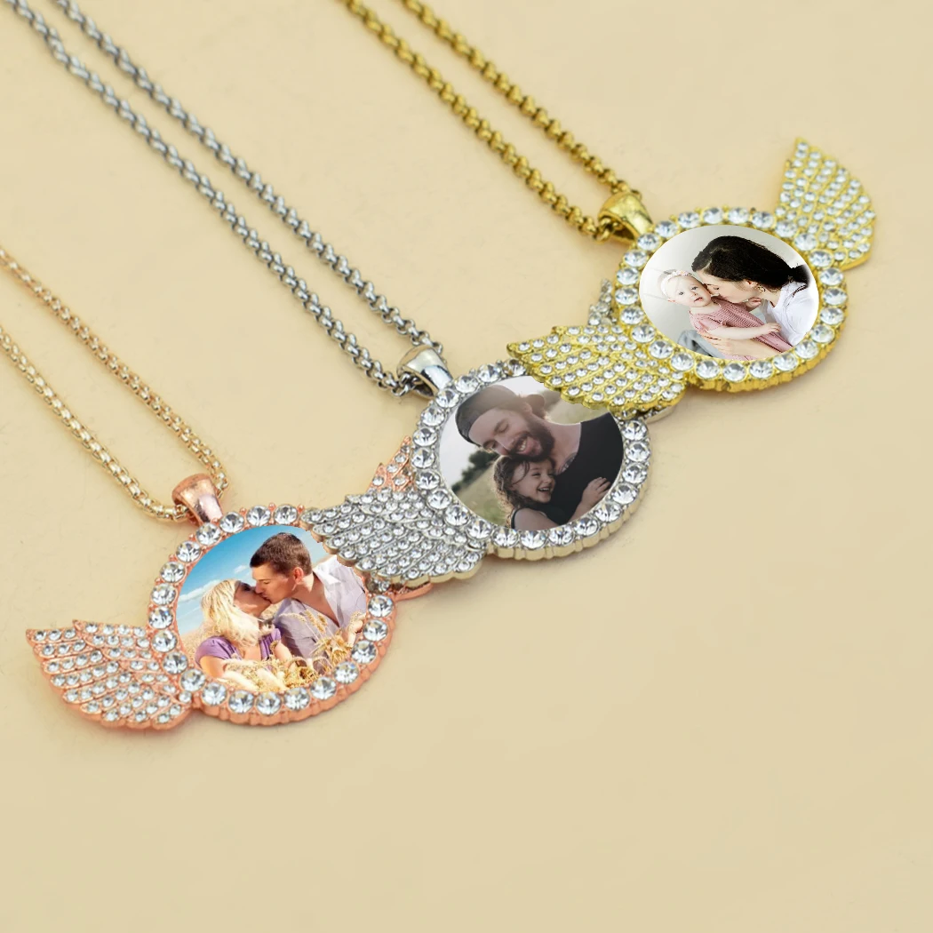 Top Trends: Custom Photo Memory Rhinestone Glass Necklace Personalized Family Picture Necklace Angel Wings Pendant Hip Hop Jewelry Gift Shoppable Styles