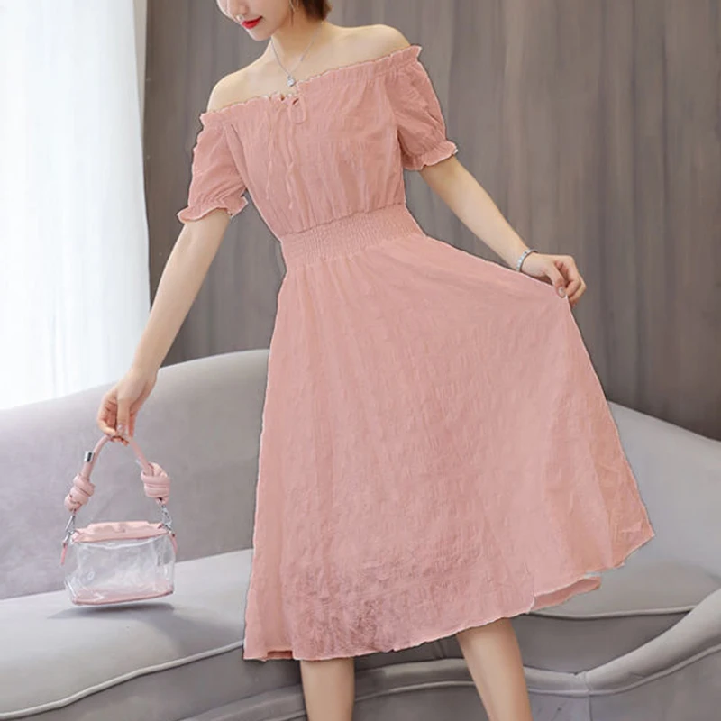 Top Trends: Summer New Solid Color Folds Lace Up Chiffon Dress Ladies One Word Collar Casual Fashion Waist Midi A-line Robe Femme Vestidos Shoppable Styles - Image 3