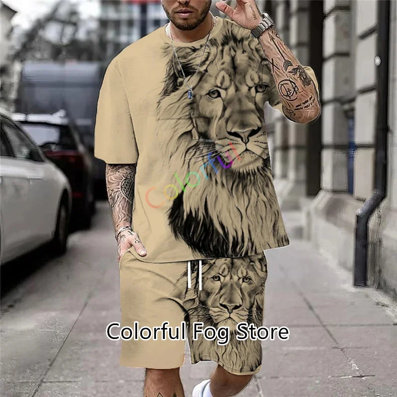 Top Trends: Summer Men Set Fashion 2-piece Set 3D Lion Print Men T-Shirt Shorts Pants Suit Casual Tracksuit Oversized Clothes Jogging Sets Shoppable Styles