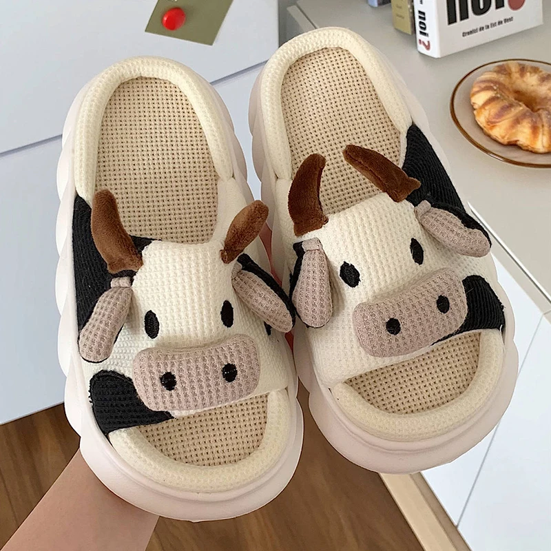 Top Trends: Cute Cartoon Calf Linen Slippers 2022 New Women Home Slippers Household Cotton Non Slip Thick Mute Shoes Couple Indoor Slippers Shoppable Styles