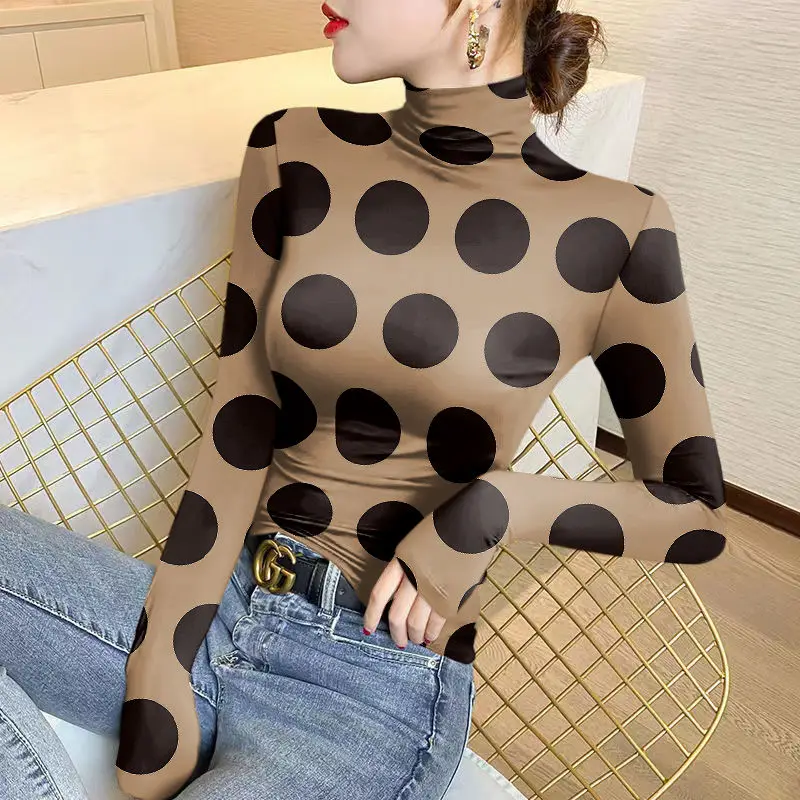 Top Trends: Women's Half High Collar Underlay 2023 Autumn And Winter New Fashion Bodycon Long Sleeve Printed Polka Dot Pullover T-shirt Tops Shoppable Styles