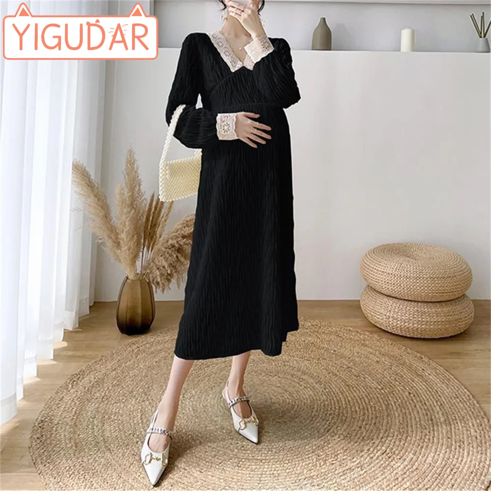 Top Trends: 2023 Spring And Autumn New Pregnant Women's French V-neck Lace Lace Dress Loose Fashion Mid Length Pregnant Women's Dress Women Shoppable Styles