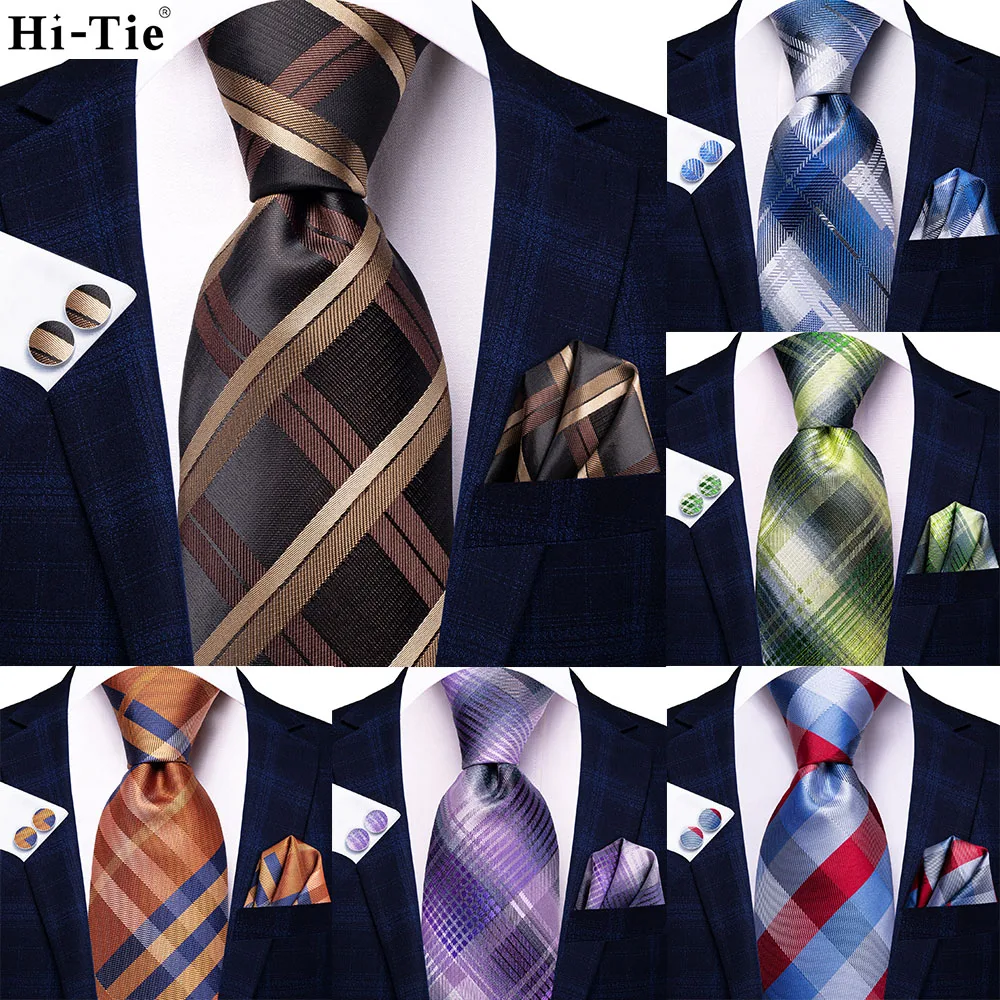 Top Trends: Black Brown Silk Ties For Men 2024 Classic Plaid Check Business Wedding Mens Neck Tie Handkerchief Cufflinks Gift For Men Hi-Tie Shoppable Styles