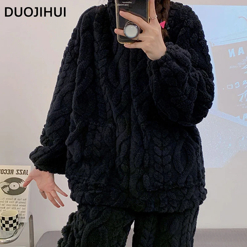 Top Trends: DUOJIHUI Black Winter Thick Warm Flannel Female Sleepwear Sets New Zipper Simple Long Sleeve Fashion 7-colors Pajamas For Women Shoppable Styles