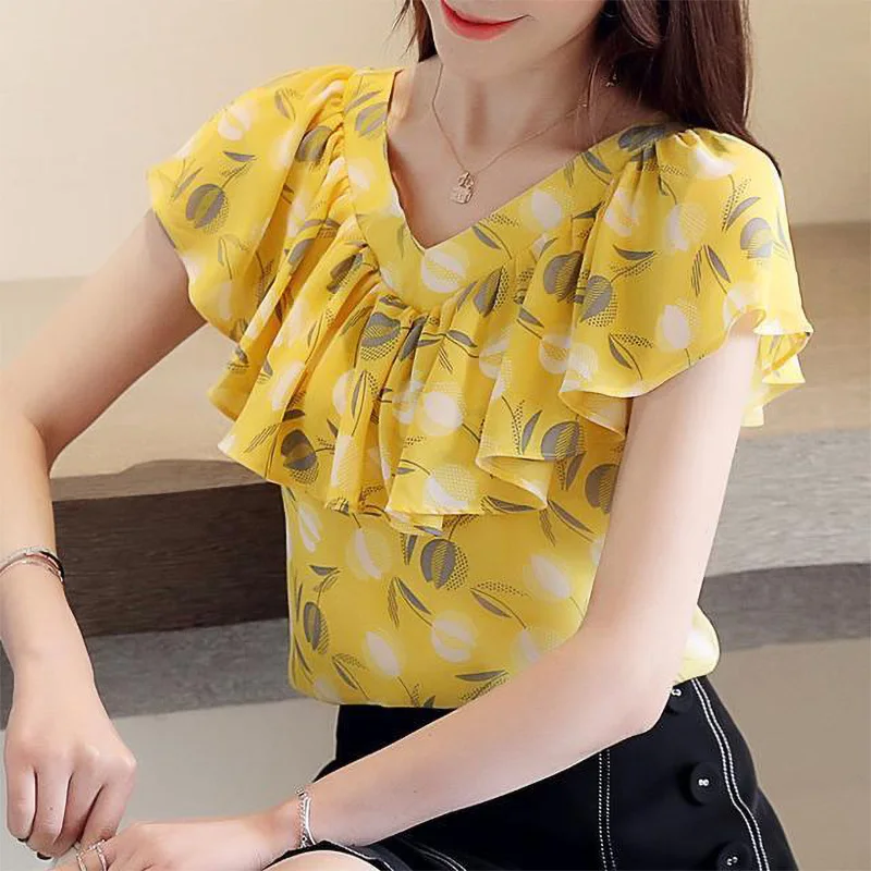 Top Trends: Vintage Printed V-Neck Loose Butterfly Sleeve Summer Chiffon Shirt Casual Short Sleeve Pullovers Elegant Women Clothing Blouse Shoppable Styles